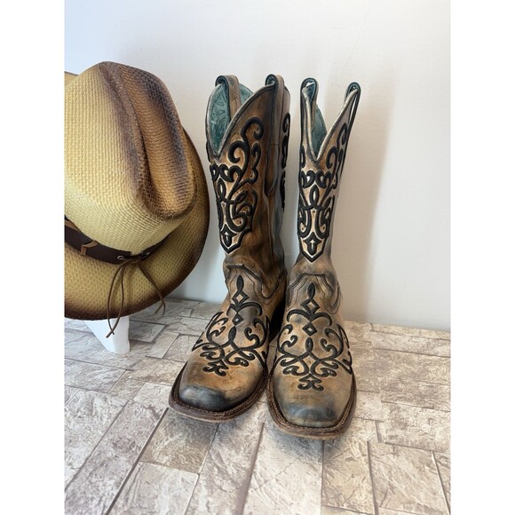 CORRAL Women's Boots Sz 8 1/2M Bronze Turquoise Overlay Snip Toe Cowgirl Western - Picture 5 of 16